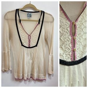 Anthropologie XS Fine Knit Boho top, 3/4 sleeves, beige